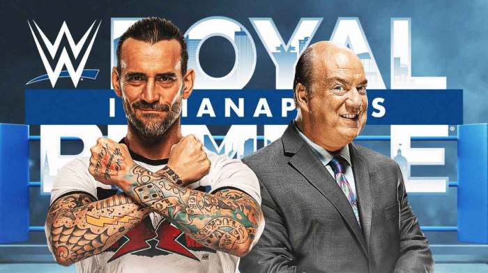CM Punk next to Paul Heyman in front fo the 2025 Royal Rumble logo