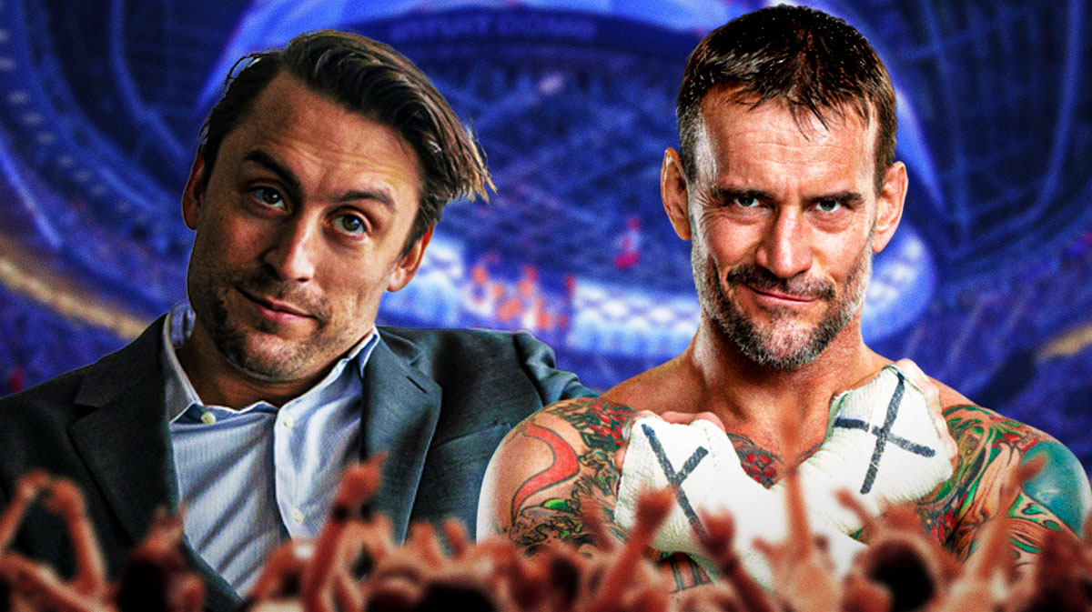 Succession star and 2025 Golden Globes winner Kieran Culkin with CM Punk, who embraced after WWE's RAW Netflix premiere went off the air, with Intuit Dome background.