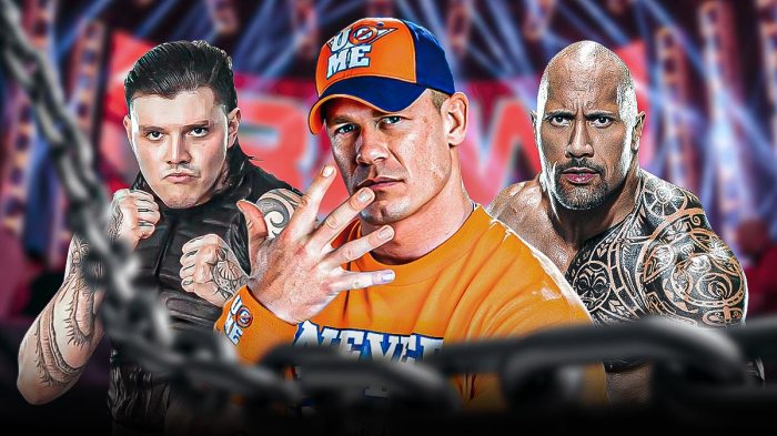 Dominik Mysterio with John Cena on the left and The Rock on the right with the RAW logo as the background.
