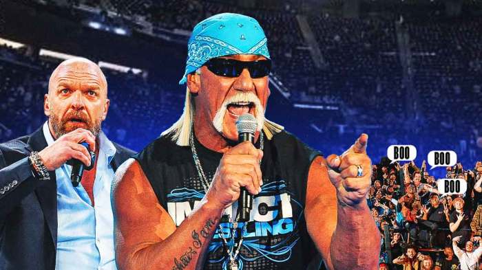 WWE Hall of Famer Hulk Hogan talking on a microphone in center, WWE chief content officer Triple H on left side, booing fans on right side, Intuit Dome (host of tonight's Monday Night Raw and home arena of the Los Angeles Clippers) in background