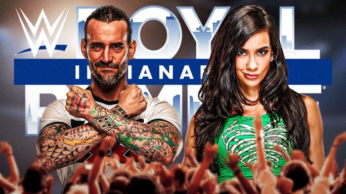 CM Punk and AJ Lee with WWE 2025 Royal Rumble logo.