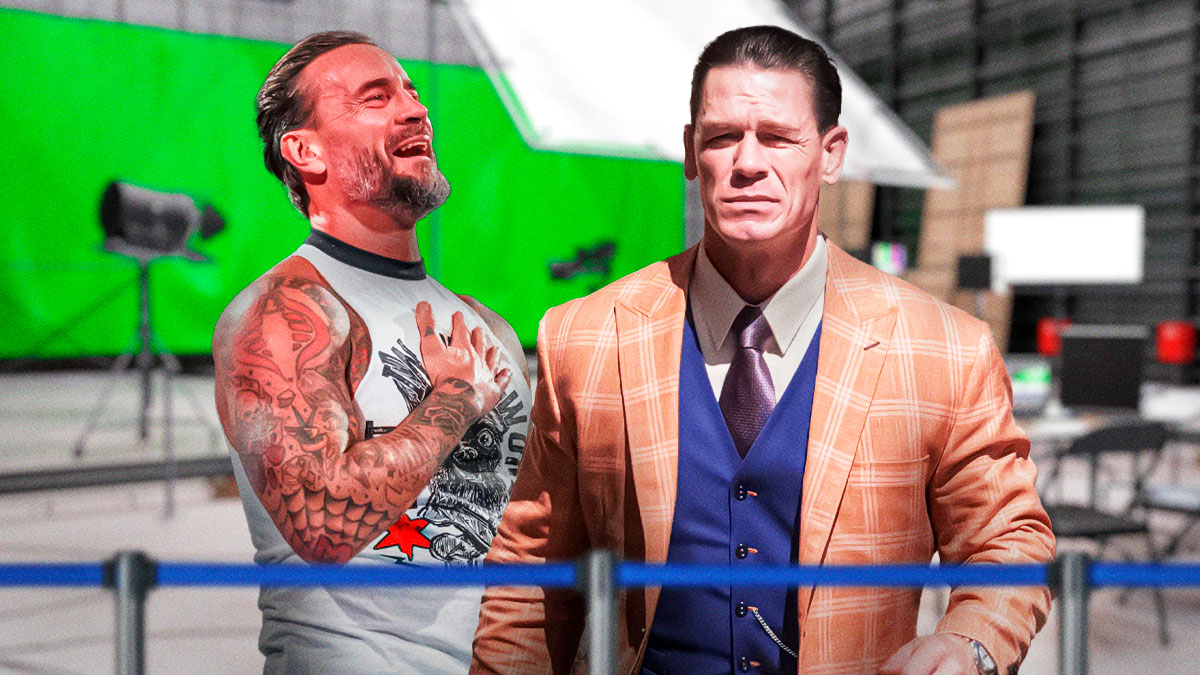WWE stars CM Punk and John Cena on a movie set.