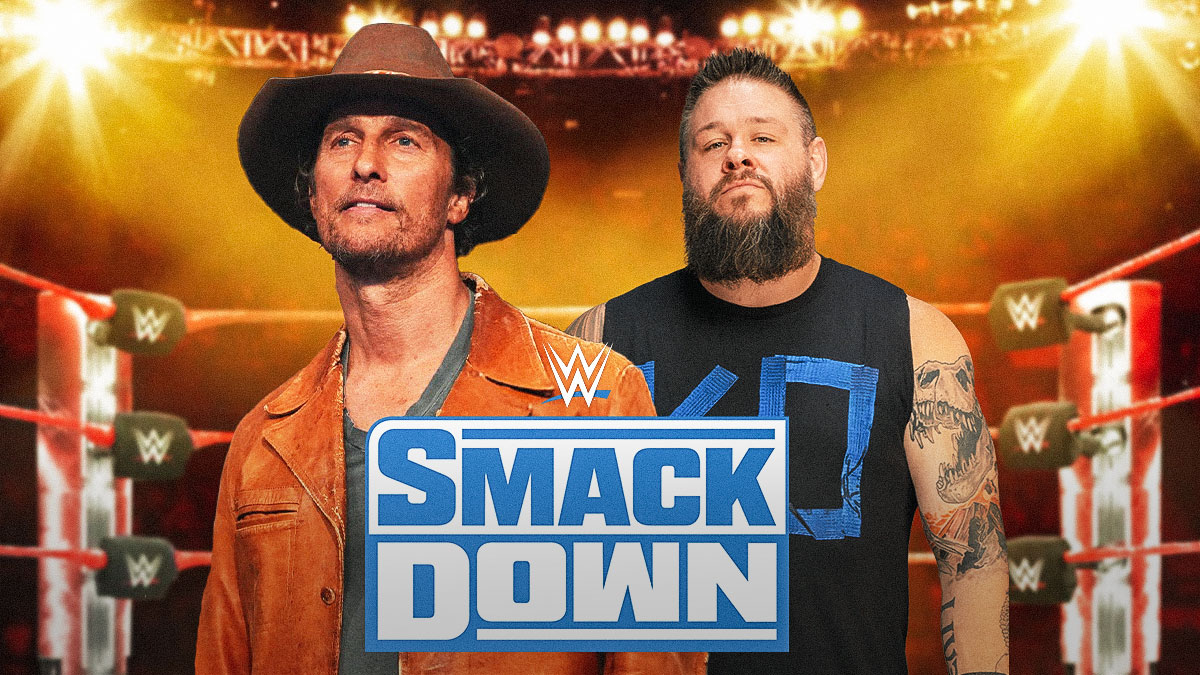 Kevin Owens next to Matthew McConaughey in front of the SmackDown logo.