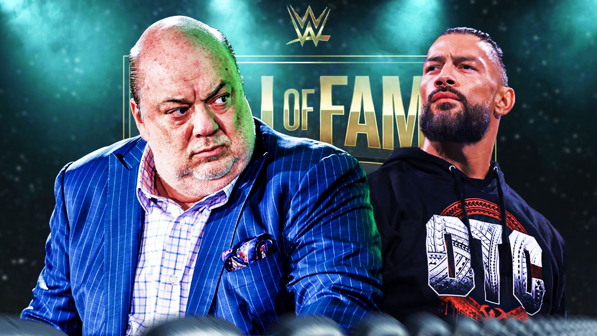 Paul Heyman next to Roman Reigns with the WWE Hall of Fame logo as the background.