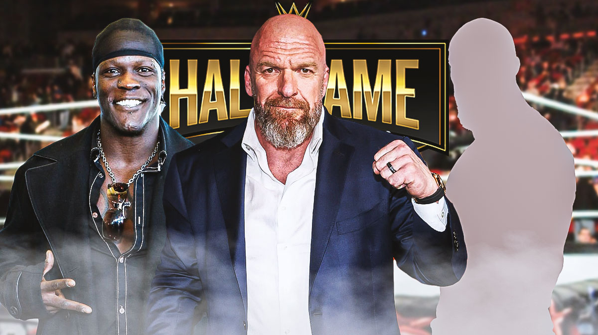 R-Truth, Paul Triple H Levesque, and silhouette of Tommaso Ciampa with WWE 2025 Hall of Fame logo.