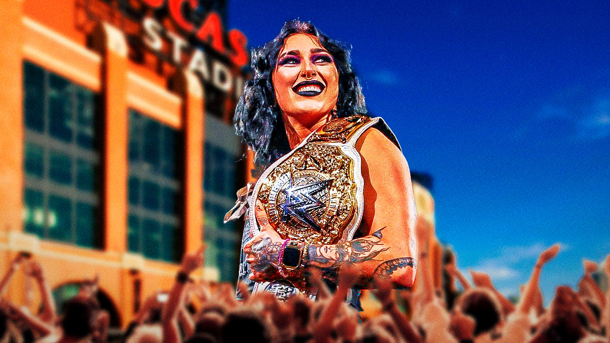 WWE star Rhea Ripley, who is the focus of a lookalike contest, with Lucas Oil Stadium in background, where the 2025 Royal Rumble will take place.