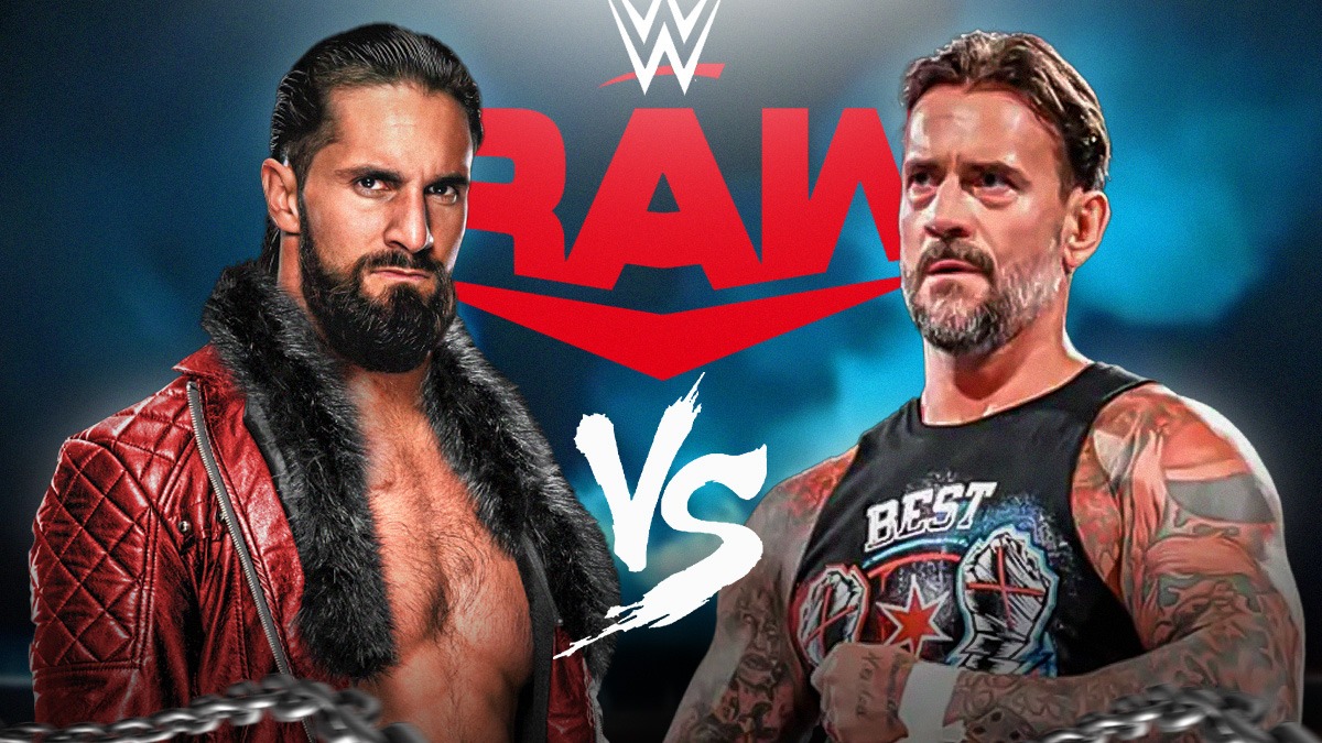 Seth Rollins on the left, CM Punk on the right with a VS. symbol between them and the RAW logo as the background.