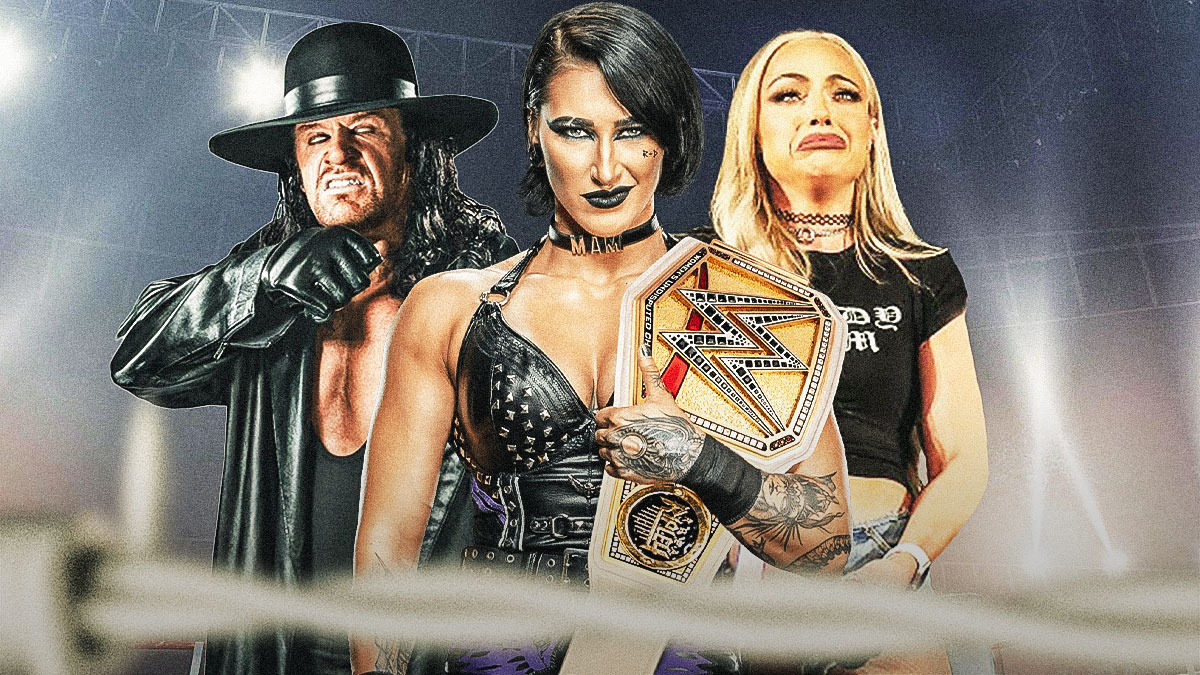 WWE Women's World Champion Rhea Ripley with her championship in center, WWE Hall of Famer the Undertaker celebrating on left side, WWE superstar Liv Morgan looking upset on right side, Intuit Dome (host of the premiere of Monday Night Raw on Netflix and home arena of the Los Angeles Clippers) in background