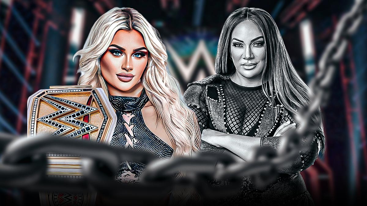 Tiffany Stratton wearing the WWE Woman's Championship next to a black and white Nia Jax in a WWE ring.