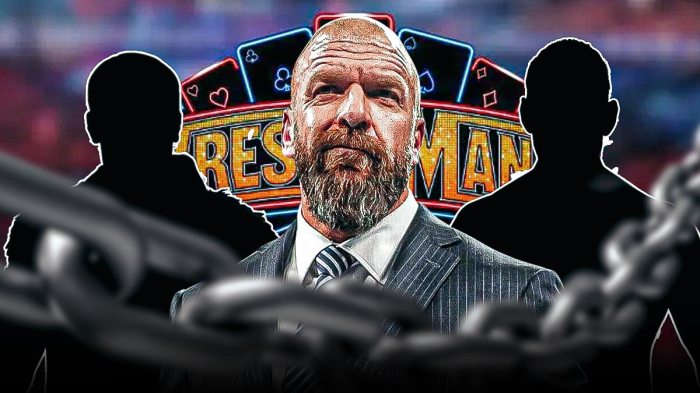 Triple H next to blacked out silhouette of CM Punk and Cody Rhodes in front of the WrestleMania 41 logo.
