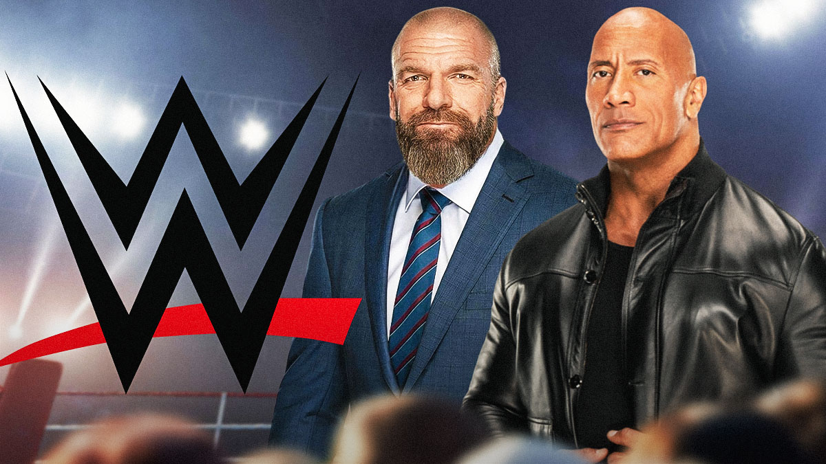 Triple H next to The Rock in front of the WWE logo.