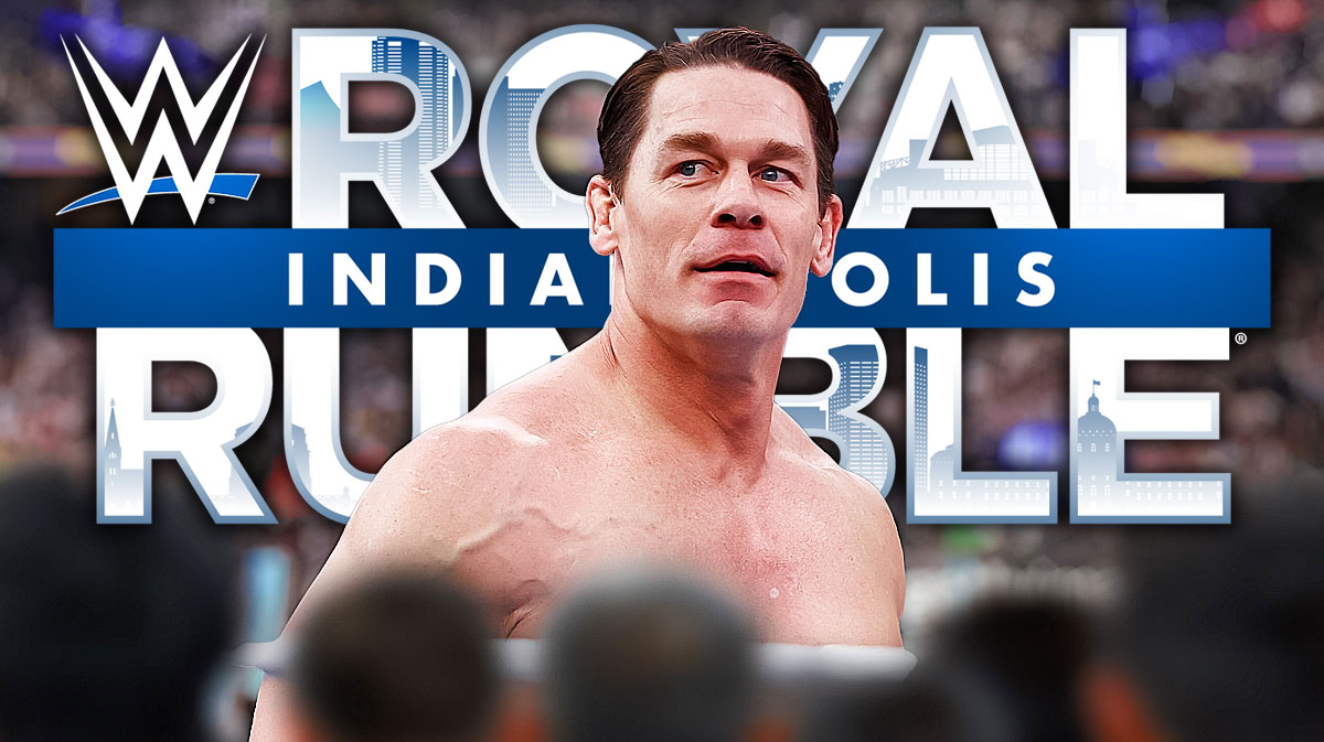 WWE star John Cena, who disappeared after starting his farewell tour, with 2025 Royal Rumble logo behind him.