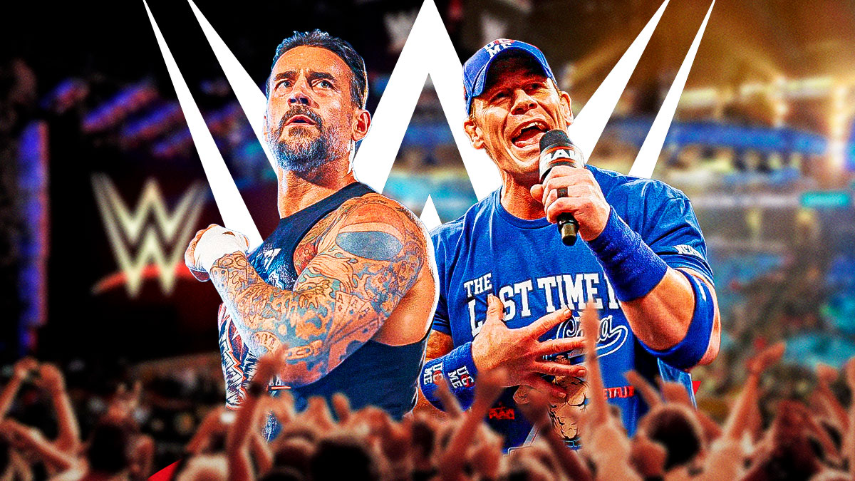CM Punk and John Cena in front of the WWE logo.