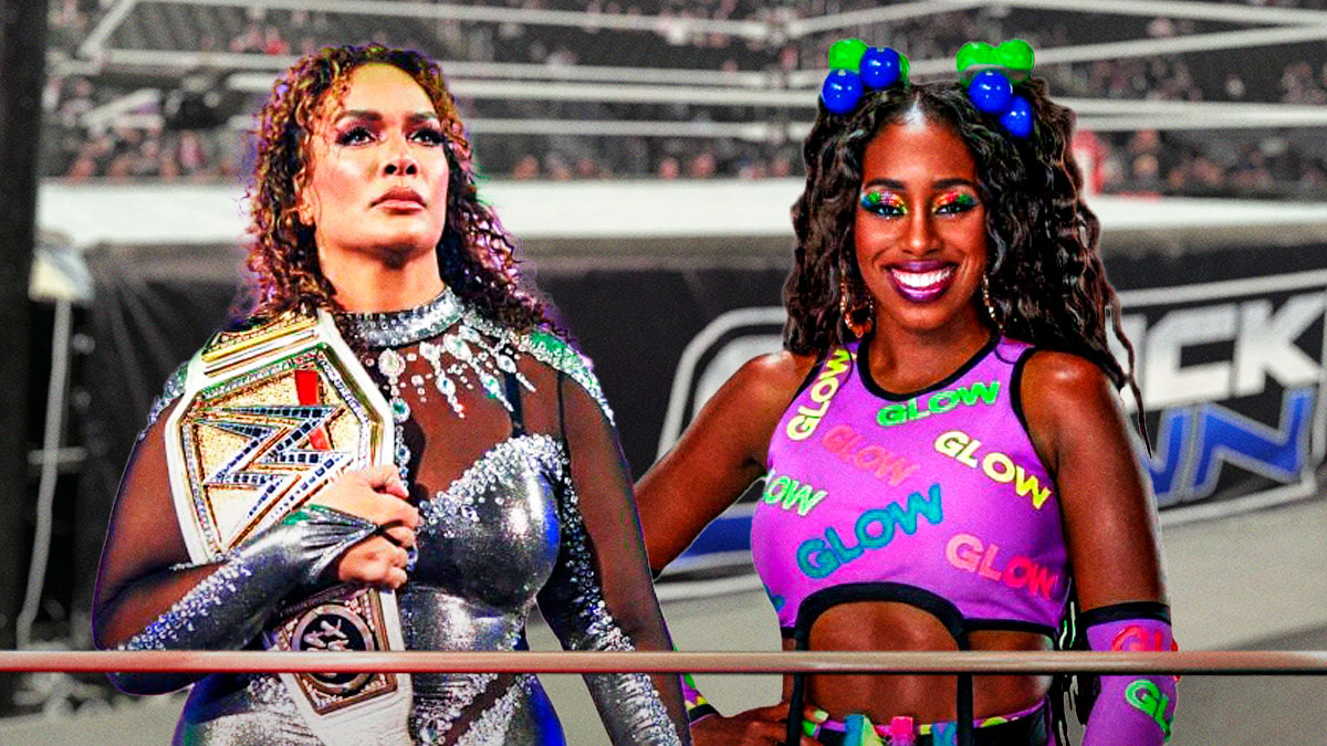 WWE stars Nia Jax and Naomi with SmackDown ring behind them.