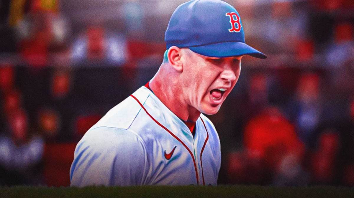 Photo: Walker Buehler pitching in Red Sox jersey, Fenway Park as background
