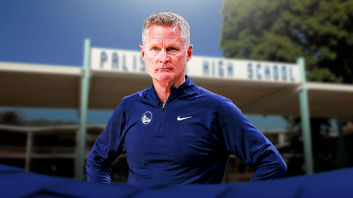 Golden State Warriors coach Steve Kerr side-by-side with a photo of Palisades High School, where he played as a teenager