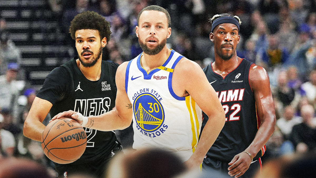 Steph Curry with Jimmy Butler on his left and Cameron Johnson on his right in the Warriors arena.