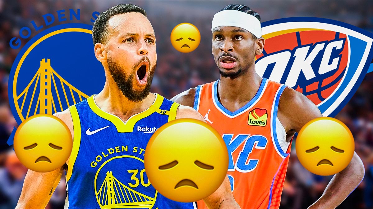 Stephen Curry with the Warriors logo behind him, and Shai Gilgeous-Alexander on the right with the Thunder logo behind him, with sad emojis all around.