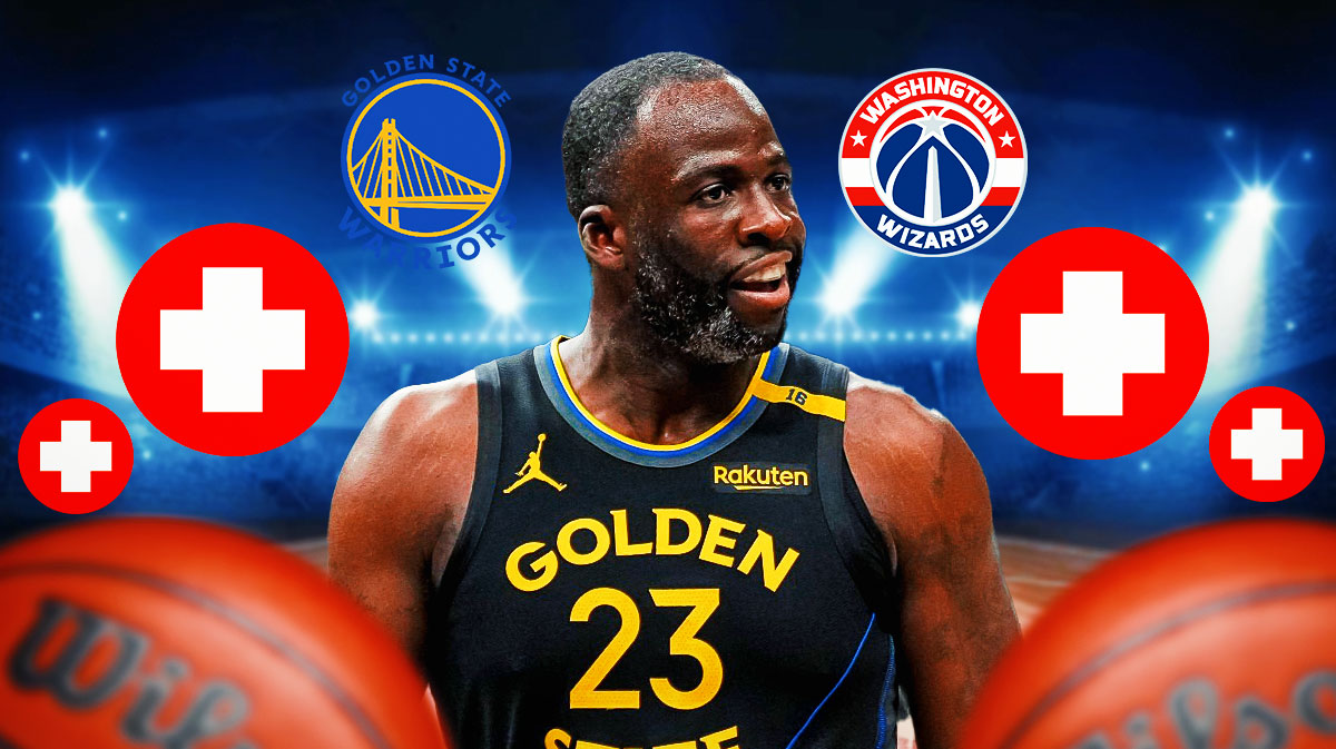 Draymond Green, Golden State Warriors and Washington Wizards logos, injury symbols surrounding Green