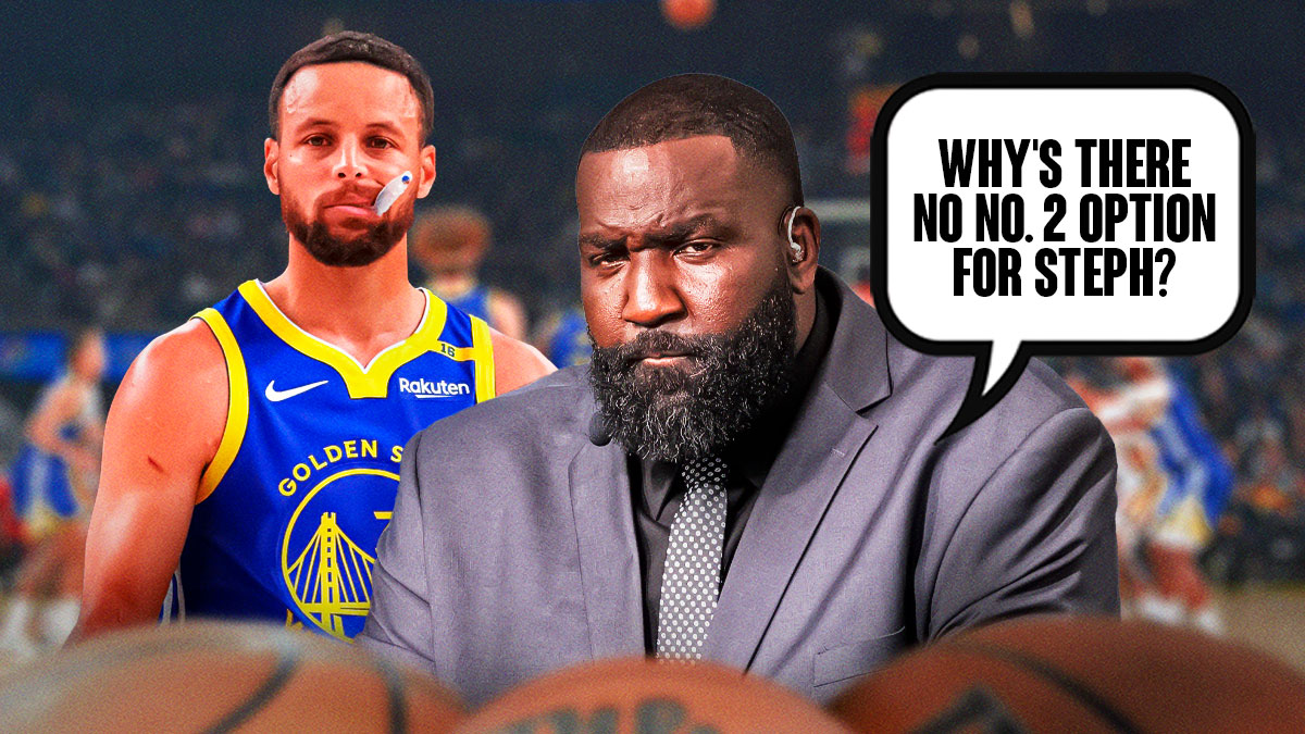 Kendrick Perkins with a thought bubble that says "Why's there no No. 2 option for Steph?" and Stephen Curry is next to him, looking sad.