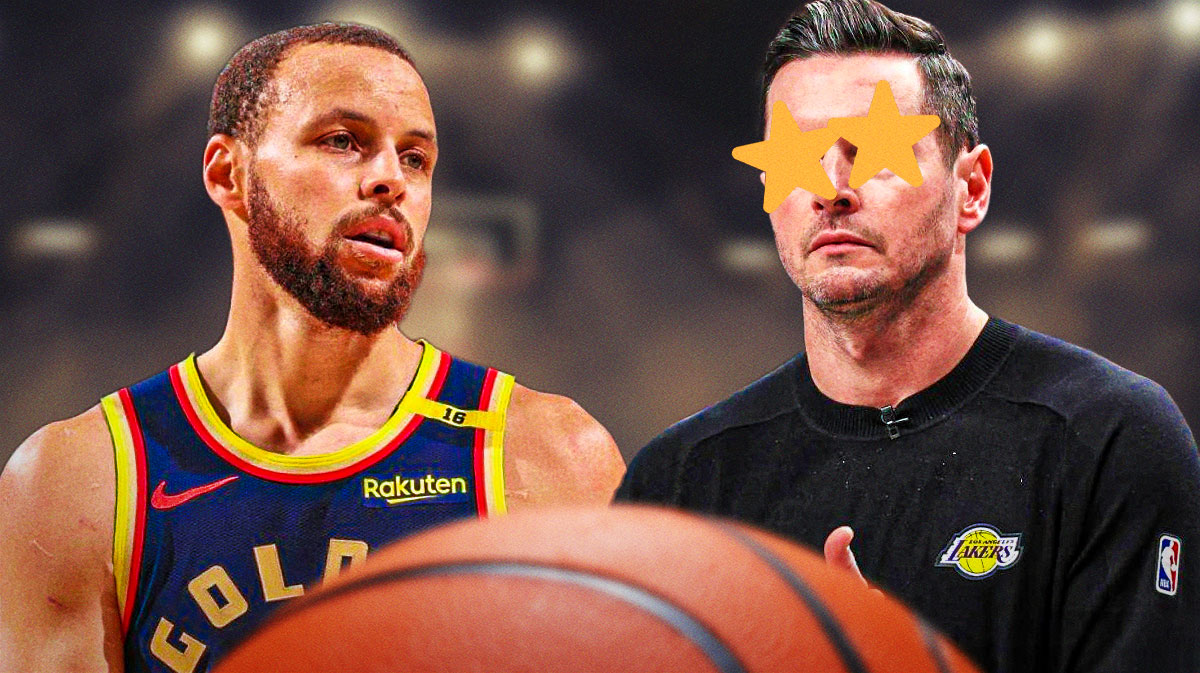 Stephen Curry on one side, JJ Redick on the other side with stars in his eyes