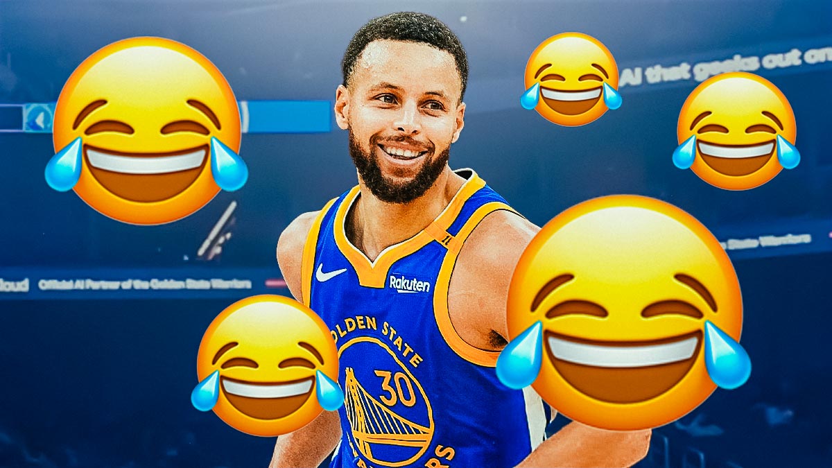 Warriors' Stephen Curry with laughing emojis around him, Chase Center in back