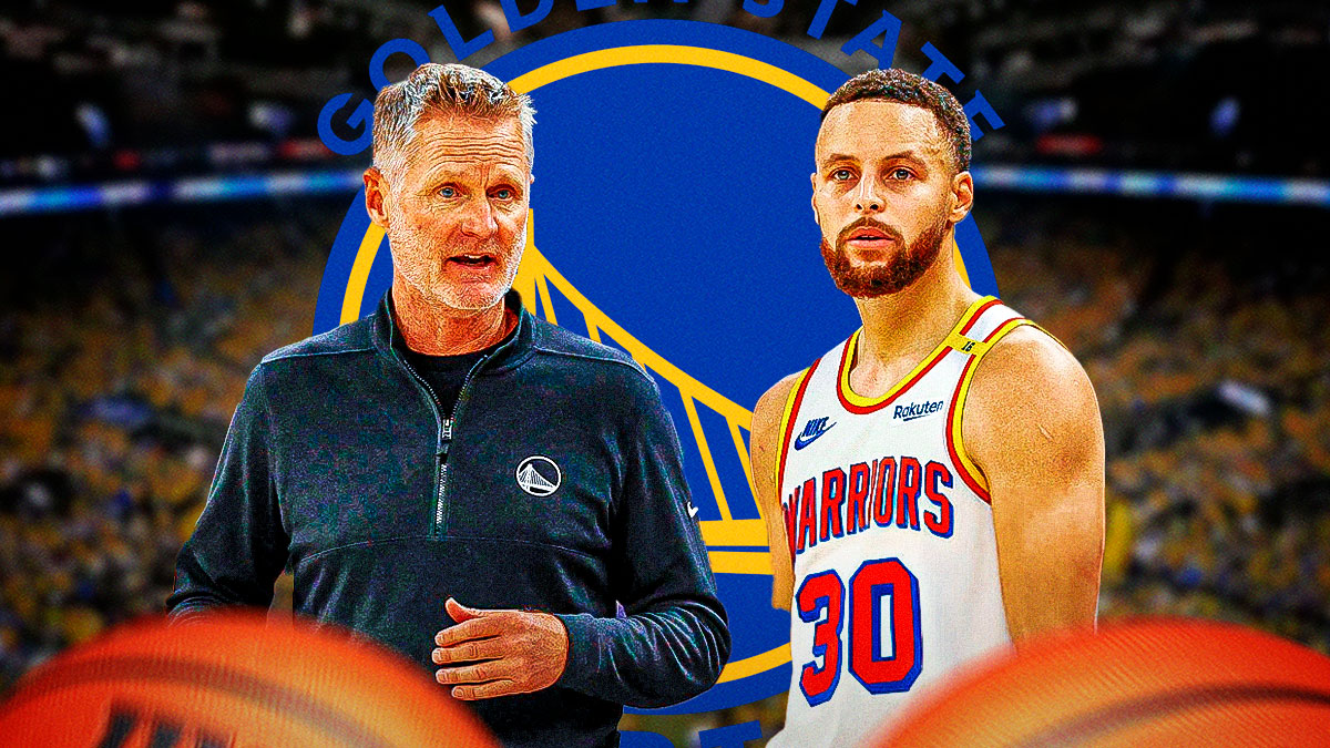 Warriors head coach Steve Kerr next to Warriors superstar Stephen Curry with the Warriors logo in the background