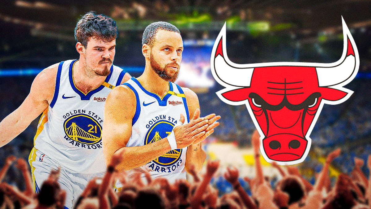 Warriors superstar Stephen Curry next to Warriors rookie Quinten Post with the Bulls logo next to them