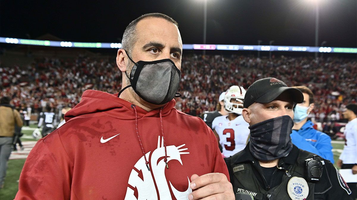 Washington State Cougars head coach Nick Rolovich celebrates after a game against the Stanford Cardinal at Gesa Field at Martin Stadium. The Cougars won 34-31.