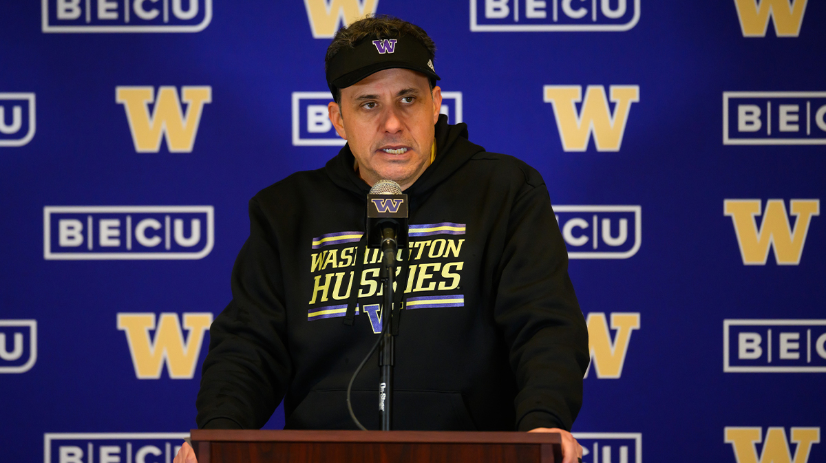 Washington Huskies head coach Jedd Fisch speaks to the media after the game against the UCLA Bruins at Alaska Airlines Field at Husky Stadium.