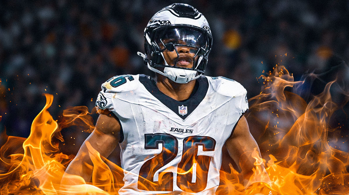 Eagles RB Saquon Barkley surrounded by fire
