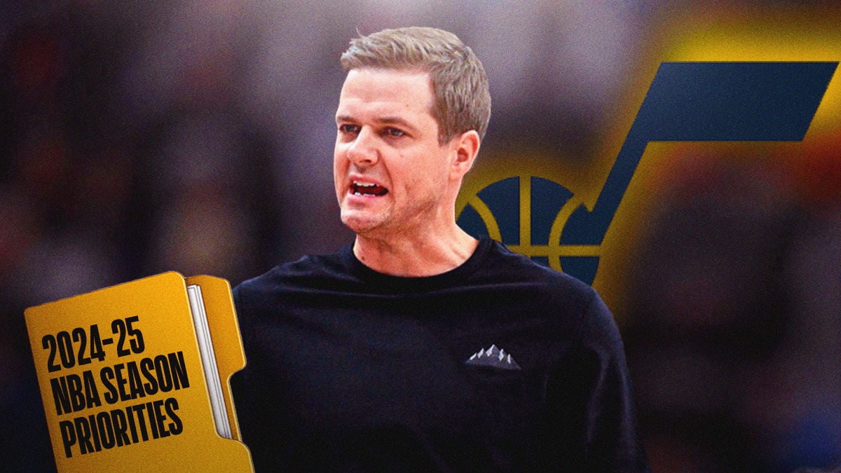 Will Hardy, Jazz logo, a folder that says 2024-25 NBA Season Priorities