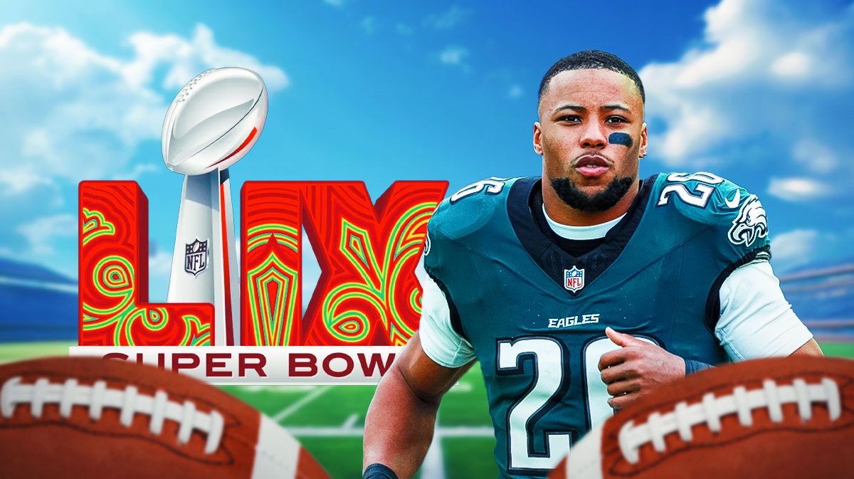 Philadelphia Eagles running back Saquon Barkley next to the Super Bowl 59 logo