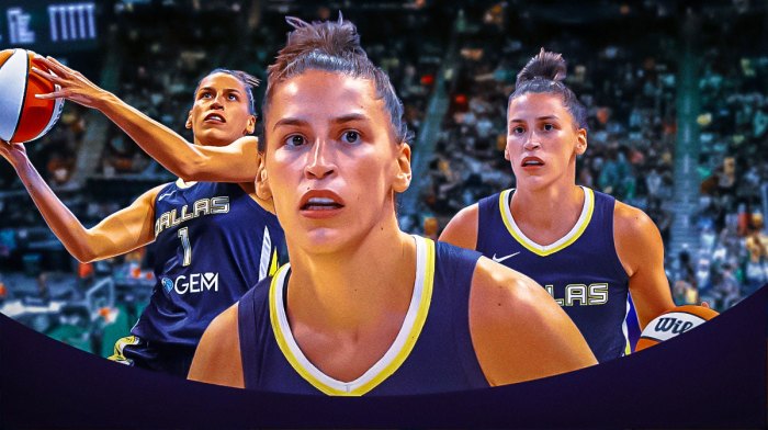 Wings Sevgi Uzun in front looking serious. In background on left, Wings Sevgi Uzun shooting a basketball. In background on right, Wings Sevgi Uzun dribbling a basketball.