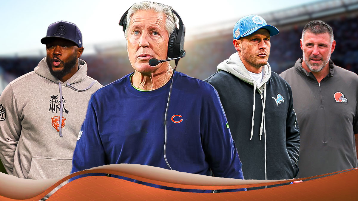 Pete Carroll wearing a Chicago Bears hoodie on the left side on to the right a (smaller) grouping of Ben Johnson of the Detroit Lions, Mike Vrabel and Bears interim head coach Thomas Brown.