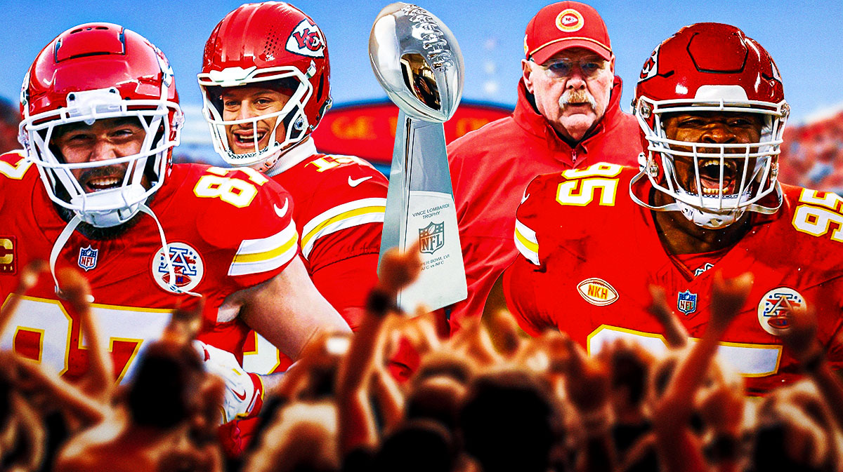 Patrick Mahomes, Travis Kelce, Andy Reid, and Chris Jones smiling around the Lombardi Trophy