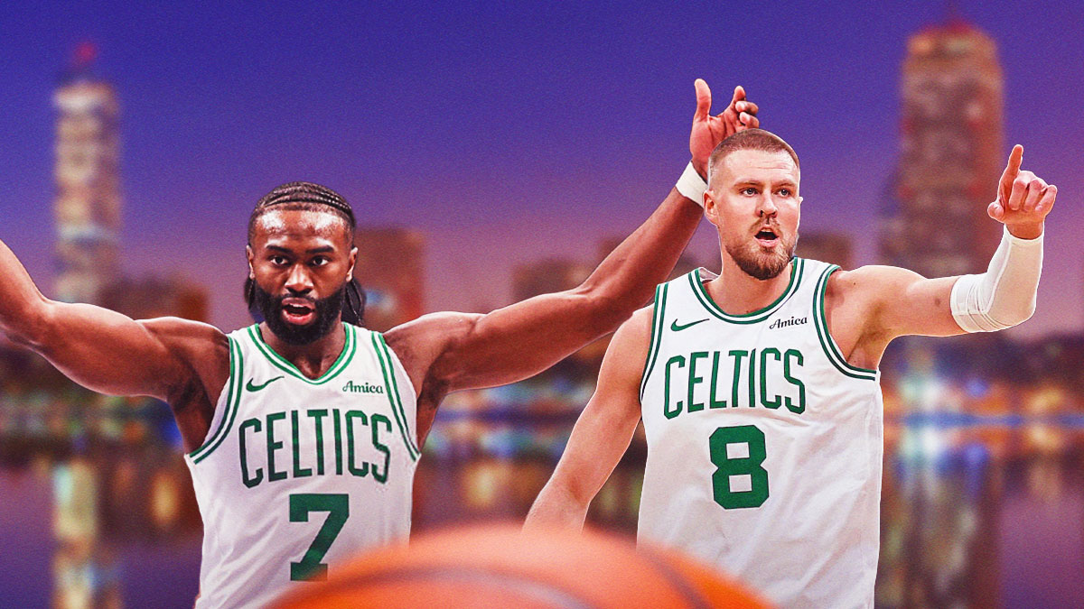 Jaylen Brown and Kristaps Porzingis looking hyped on a Celtics/Boston city background