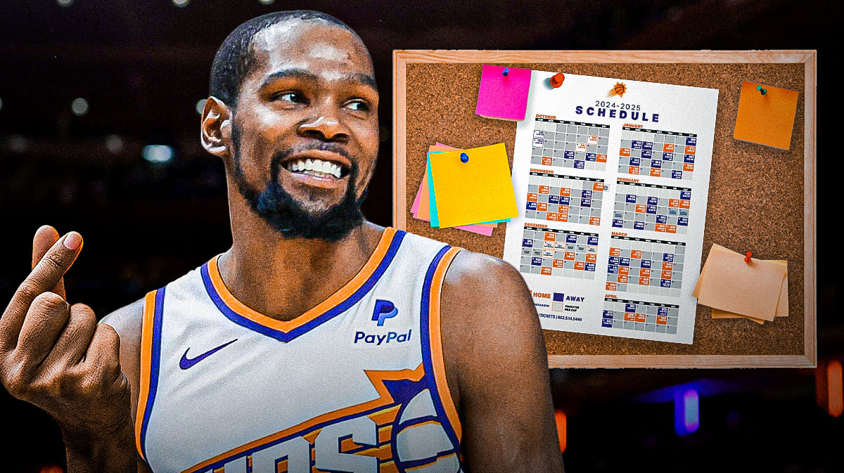 Kevin Durant smiling and making a heart gesture, while looking at the Suns January game schedule.
