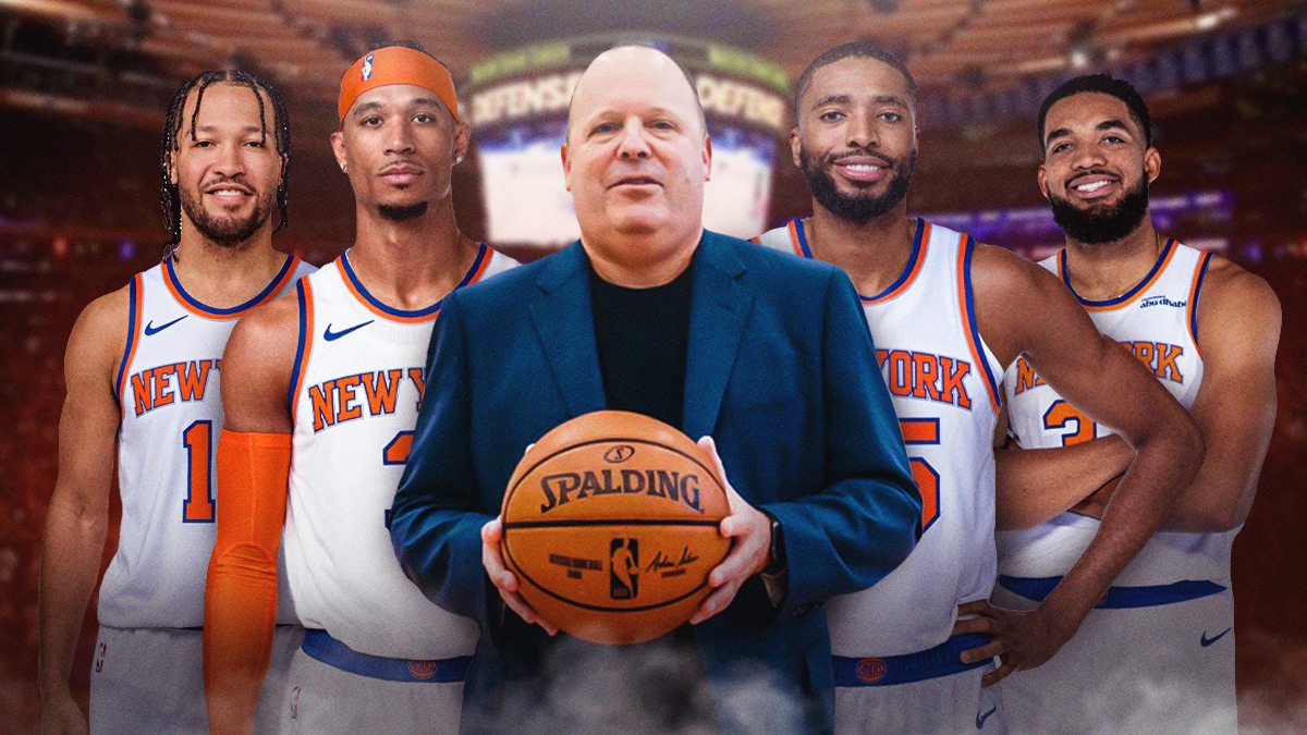 From left to right, Jalen Brunson, Josh Hart, Leon Rose, Mikal Bridges, and Karl-Anthony Towns with Madison Square Garden behind them