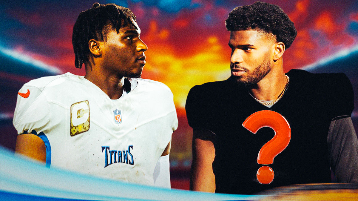 Cam Ward (in a Titans jersey) next to Shedeur Sanders (in a silhouetted jersey with a question mark) featuring Mel Kiper in the BG.