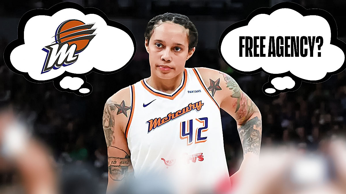 Mercury center Brittney Griner with two thought bubbles. The first has the Mercury logo inside, and the second has the text "Free Agency?"