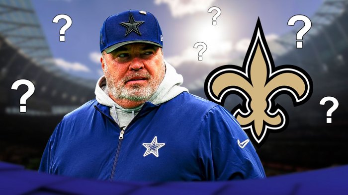Mike McCarthy next to the Saints logo with question marks around them in front of Mercedes-Benz Stadium.