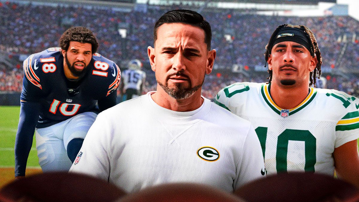 Jordan Love and Matt LaFleur with Caleb Williams laying on the ground in the background.
