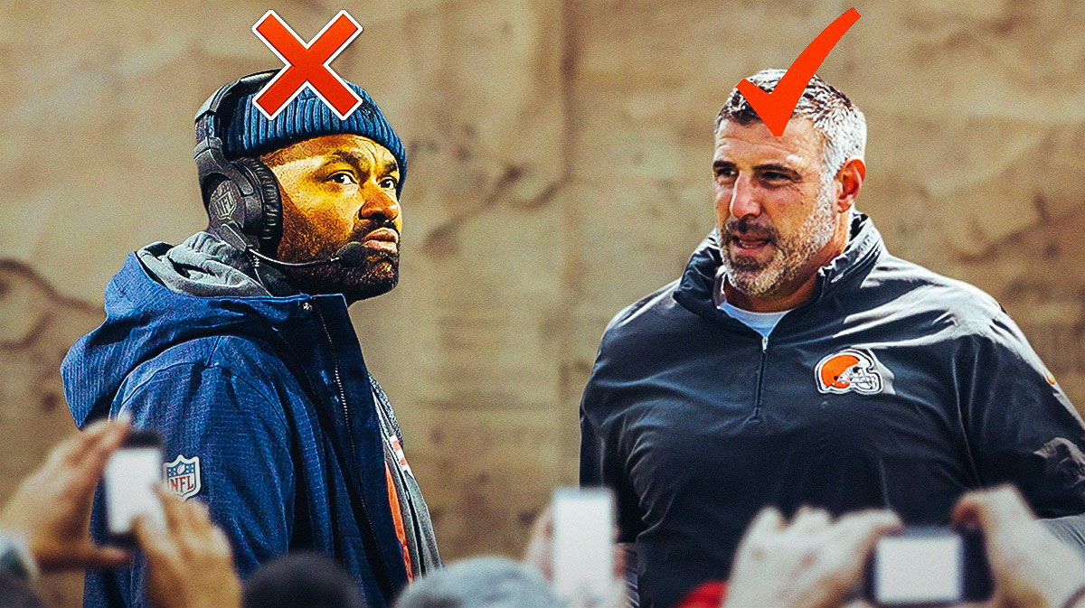 A newspaper as the background, Jerod Mayo on one side with an "X" above his head, Mike Vrabel on the other side with a checkmark above his head