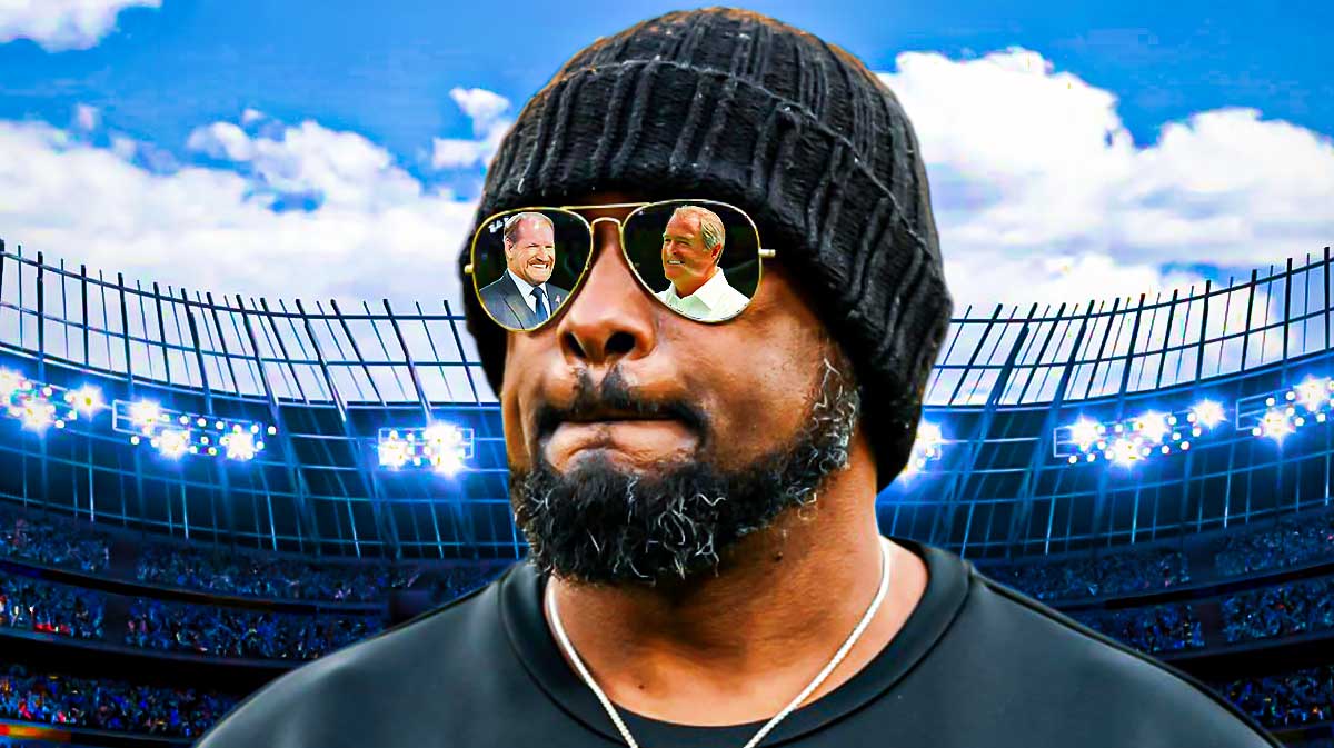 Pittsburgh Steelers head coach Mike Tomlin with Bill Cowher and Chuck Noll in his glasses