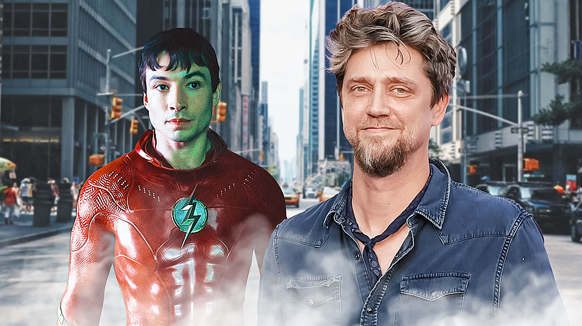 Ezra Miller as The Flash and Andy Muschietti with city background.