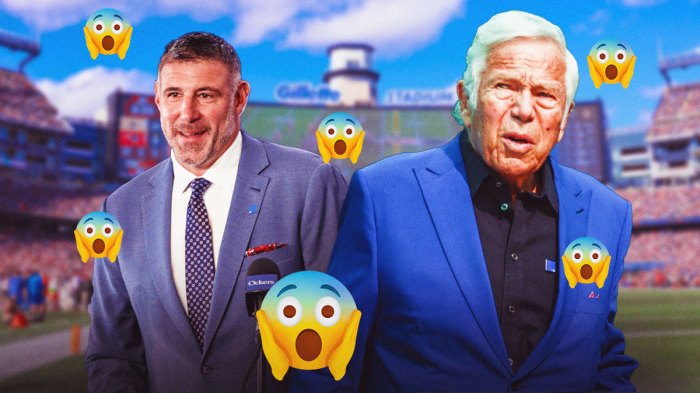 Patriots coach Mike Vrabel and Patriots owner Robert Kraft with screaming face emojis around them.