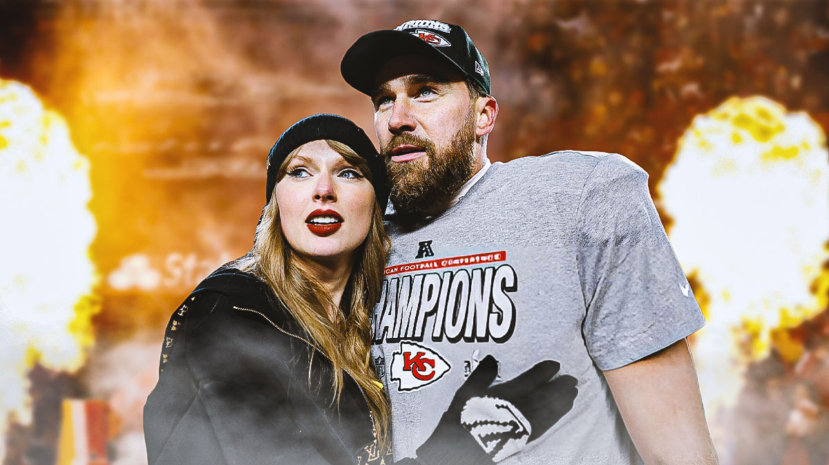 Taylor Swift with Kansas City Chiefs tight end Travis Kelce after the AFC Championship game against the Buffalo Bills.