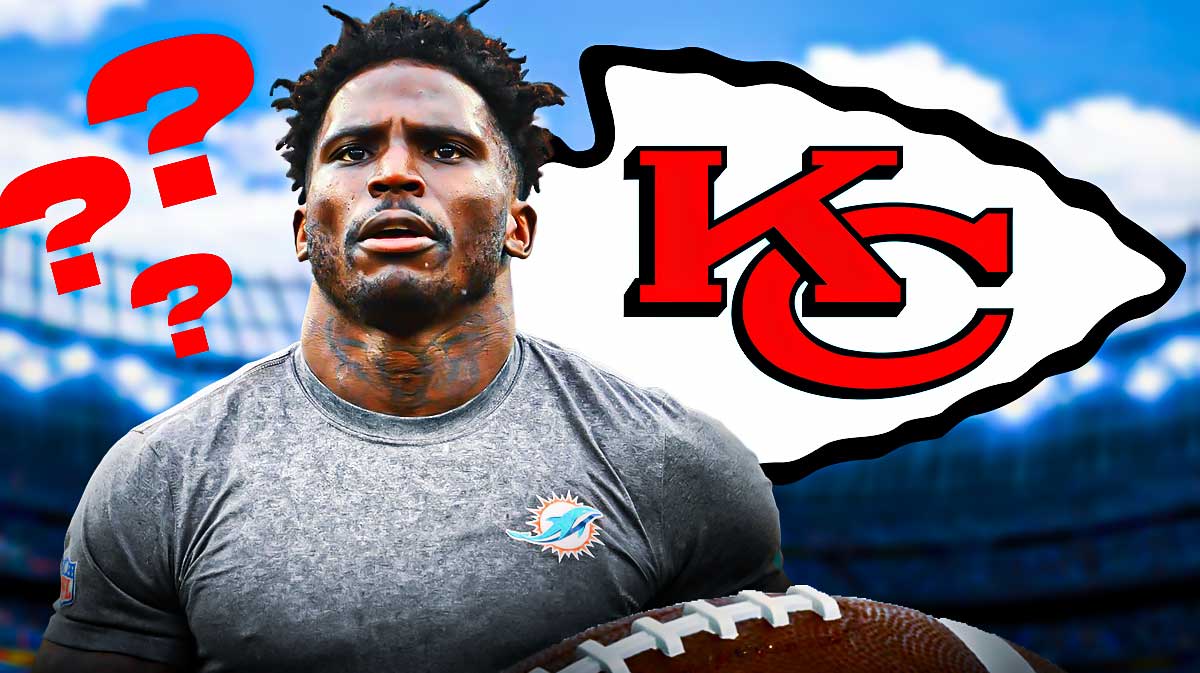 Miami Dolphins star Tyreek Hill next to the Chiefs logo with question marks around them in front of Hard Rock Stadium.