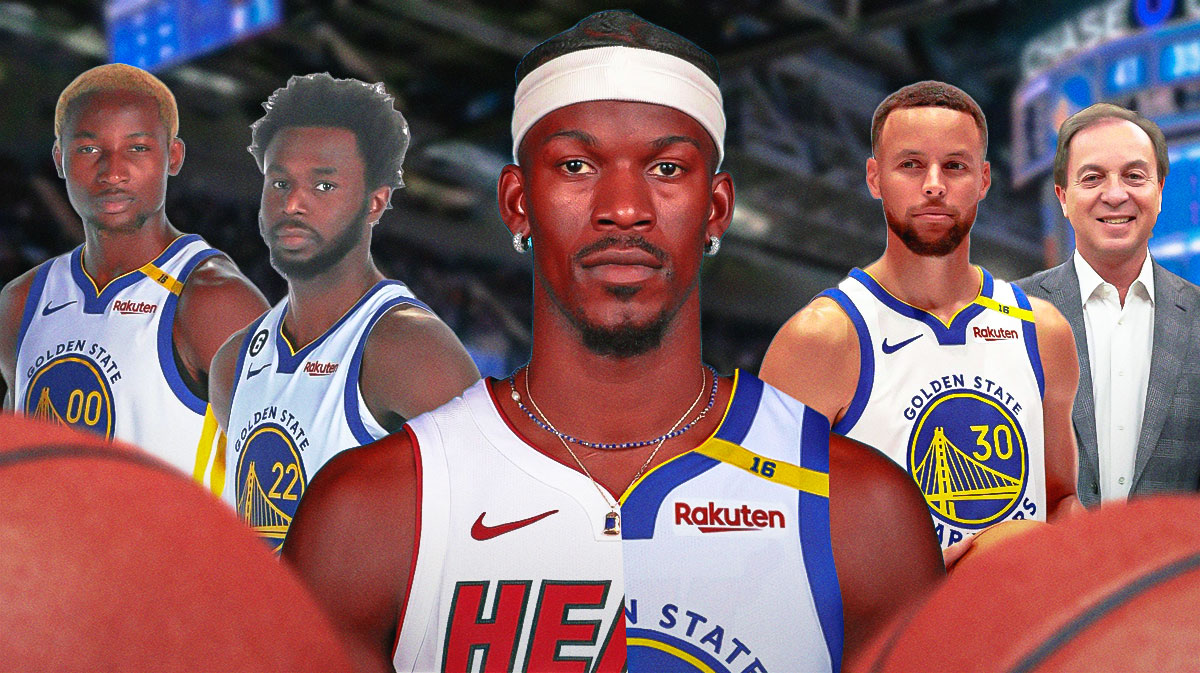 Jimmy Butler in half Heat, half Warriors jersey next to Stephen Curry, Golden State Warriors